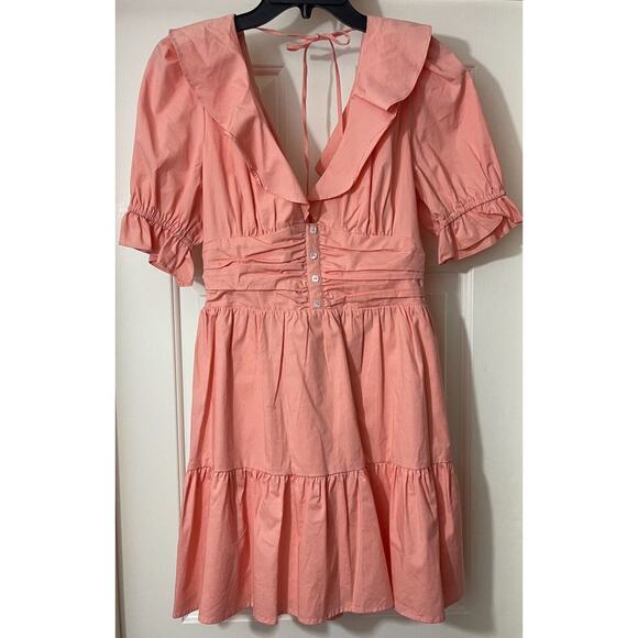 WAYF Mini Dress Womens Size Medium Peach Ruffle Neck Tiered Button Tie MSRP $158 - Picture 4 of 15
